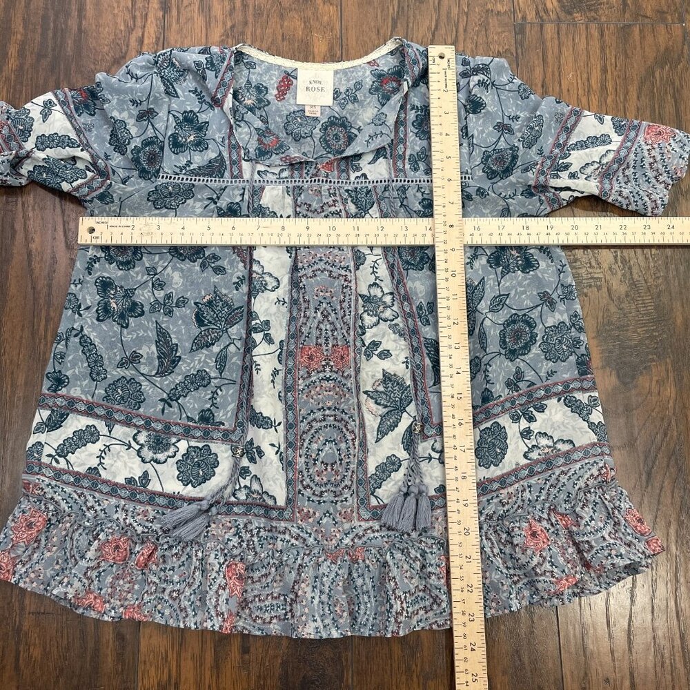 Knox‎ Rose Top XS Boho Floral Blue Short Sleeve Sheer Tie-Neck Blouse Women's - Picture 8 of 12